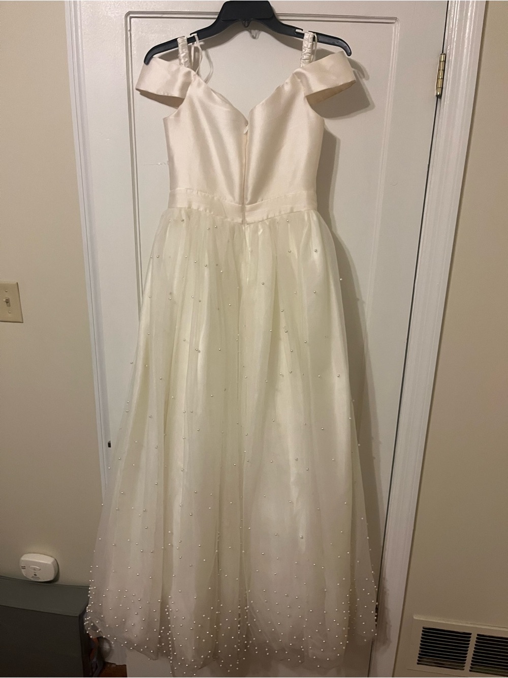 Women’s off white Off-Shoulder Tulle Party Dress with Pearl Detail